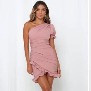 pink one shoulder puff sleeve dress